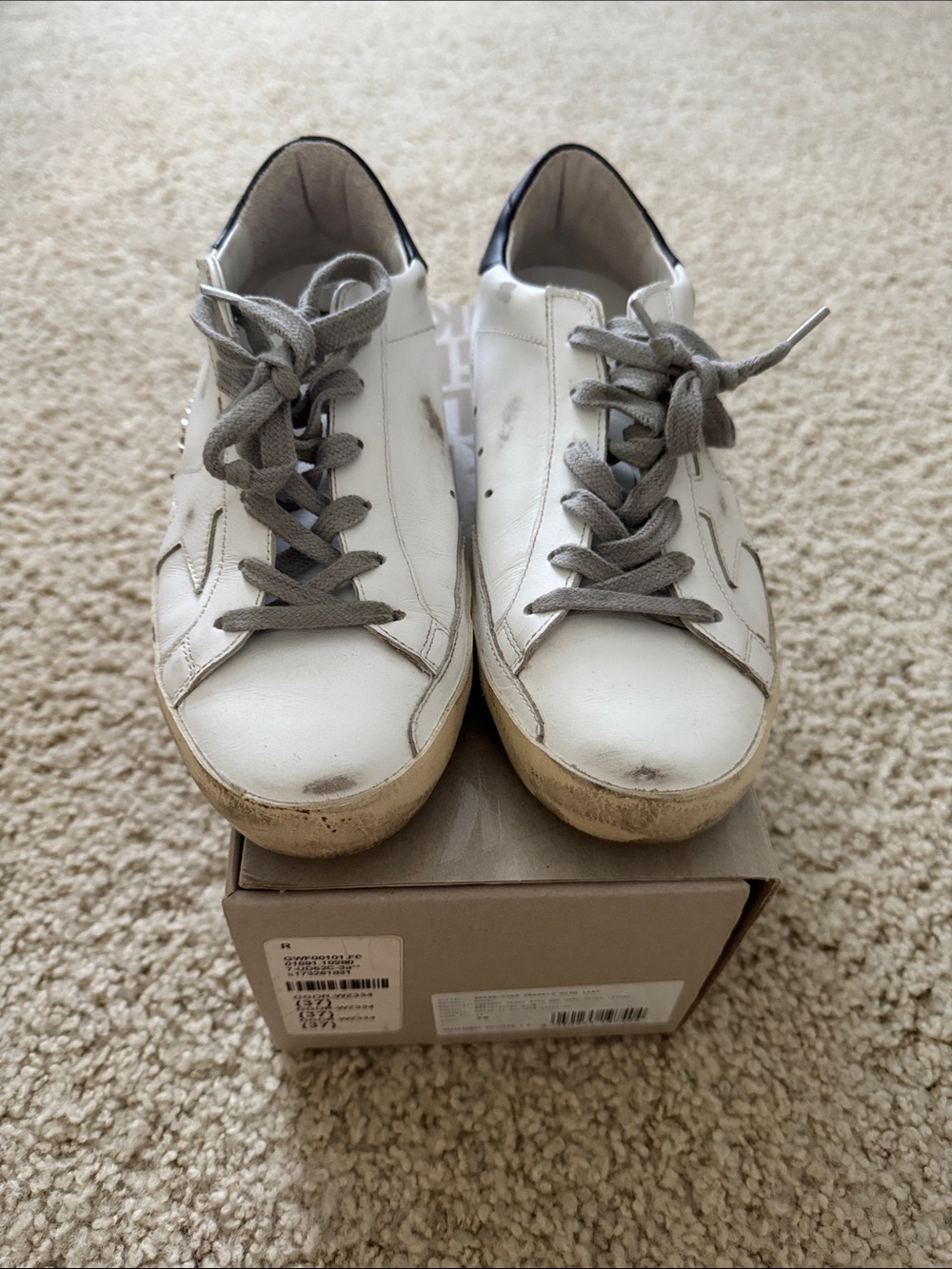 Golden Goose White Leather Sneakers with Gray Laces and Navy Heel
